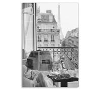 Black and White Photography Canvas Wall Art, Woman Reading Newspaper In Paris Hotel Aesthetic Poster, Retro Paris Tower Museum Photo Print, Luxury Fashion Breakfast Wall Decor 16x24in Unframed