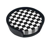 Black And White Plaid Coasters For Drinks, 6 Pcs Leather Coaster With Holder, Round Cup Mat Pad Set For Home And Kitchen 3.9 Inches