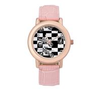 Black and White Plaid Dirt Bikes Womens Elegant Watch Analogue Quartz Watch Leather Band Wristwatch