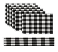 Black and White Plaid Placemats Set of 7 Exquisite Linen Table Mat Seven Piece Set Includes 13"x71" Fashion Table Runner and 12"x18" Place Mat Decor for Kitchen Dining Room