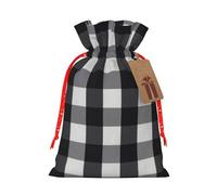 Black And White Plaid Print Holiday Burlap Gift Bag With Drawstring, Small Party Favor Pouches For Christmas Gifting-S Size