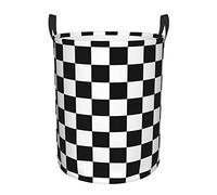 Black And White Plaid Print Round Single-Layer Dirty Laundry Basket â€“ Full-Width Printed Design, Waterproof Oxford Cloth Material, Suitable For Various Rooms