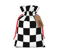 Black and white plaid Printed Christmas Drawstring Bags,M | Reusable Xmas Gift Storage Bags, Red Christmas Ribbon