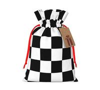Black and white plaid Printed Christmas Drawstring Bags,M Reusable Xmas Gift Storage Bags, Red Ribbon