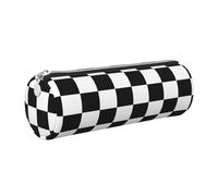 Black and White Plaid Printed Cylindrical Leather Pencil Case for Girls Boys, Silver Zipper Pencil Bag Pen Pouch Organizer for Student School Office College