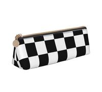 Black and White Plaid Printed Triangle Leather Pencil Case for Girls Boys, Zipper Pencil Bag Pen Pouch Bag Organizer for Student School Office College