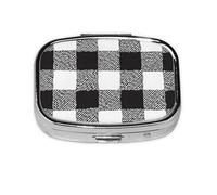 (Black and White Plaid) Square Pill Box with 2 Compartment Small Pill Organizer Portable Pill Case Vitamin Containers, Travel Essentials 5.5x4x1.8 cm