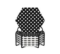 Black And White Polka Dots 6-Piece Set Of Ceramic Coasters Fully Printed Non-Slip Absorbent Coasters, Made Of Environmentally-Friendly And Safe Ceramic Materials, Equipped With Metal Storage Racks