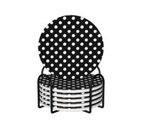 Black And White Polka Dots 6-Piece Set Of Ceramic Coasters Fully Printed Non-Slip Absorbent Coasters, Made Of Environmentally-Friendly And Safe Ceramic Materials, Equipped With Metal Storage Racks