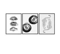 Black and White Poster Trendy Cheetah Wall Art Kiss Lips Wall Art Preppy Aesthetic Artwork Abstract Women Pictures Retro 8 Ball Poster for Living Room Bedroom Dormpreppy ，12"x16" Set of 3 Unframed