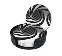 Black And White Print Round Leather Coasters - Set Of 6, Ultra-Fiber Pu Leather