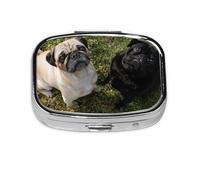 Black and White Pug Dog,Meta Pill Box 2 Compartment Medicine Case,Portable Organizer