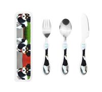 Black and White Puppy Children's Three-Piece Knife, Fork and Spoon Set, The Handles are Plastic PP and 430 Stainless Steel.