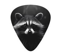 Black and white raccoon printed guitar picks, 12-piece set with thin, medium, and thick styles, comes with a storage case