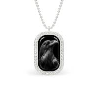 Black And White Raven Portrait Rectangle Pendant Necklace Silver Women Jewelry Alloy Keychain Tag Jewelry