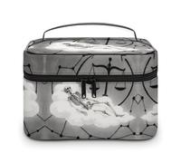 Black And White Romantic Constellation Skeleton Travel Makeup Bag Large Capacity Leather Cosmetic Bag Portable Toiletry Bags With Clear Divider And Handle Cute Wide Open Shaving Bags for Grooming