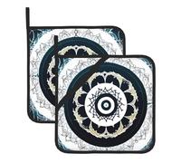 Black And White Round Totem Set Of 2 Pot Holders, Kitchen Potholder Set, 8 X 8 Inches, &Perfect For Everyday Baking And Cooking.