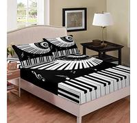 Black and White Sheet Set Musical Note and Piano Keyboard Printed Fitted Sheet Music Theme Bedding Set 3pcs Microfiber Bed Sheet Set (1 Fitted Sheet + 2 Pillow Cases) Double Size