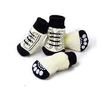 Black and White Shoelace Pattern Pet Dog Puppy Cat Non-Slip Socks with Cute Paw Prints - Set of 4 (Black and white,S)