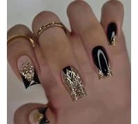 Black and White Short Square Press On False Nails with Gold Glitter French Tip - 24-Piece Reusable Manicure Set for Women, Elegant Cool Design Non-Damaging Wear, Glossy Finish Modern Style