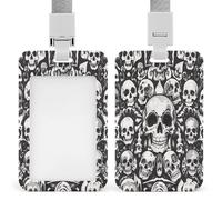 Black and White Skull Badge Holder Waterproof Plastic ID Card Badge Holders with Lanyard Vertical Card Case Protector Pouch Clear Window Work Badges for Women Men