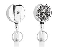 Black and White Skull Badge Reel Round Retractable Keychain Stainless Steel Metal Badge Clip Heavy Duty Badges Holder Nylon Rope Belt Clip and Key Ring for Woman Man