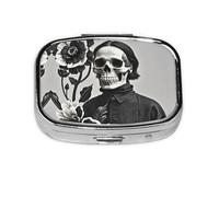 Black and White Skull Flower Pill Case Round Square Daily Use 2 Compartments Travel Pill Container for Pocket Wallet Storage Box