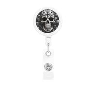 Black and White Skulls Badge Reel Retractable Badge Holder with Keychain Funny ID Clips for Badges Lightweight Plastic Name Card Holders for Nurses Office Teacher