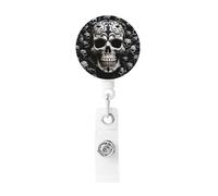Black and White Skulls Badge Reel Retractable Badge Holders Lightweight ID Badge Reels Cute Nurse Name Card Holder with Keychain Funny ID Badge Clip for Men Women