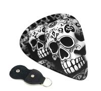 Black and white skulls Guitar Picks 6 Pcs, 0.46mm Thickness Celluloid Plectrum with Leather Picks Holder, Personalized Guitar Pick for Bass Electric Acoustic Guitars Lovers Gift