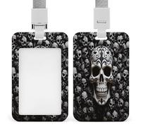 Black and White Skulls ID Badge Holder Waterproof Card Protector Push-Pull Slot Work ID Card Holder with Lanyard Personalized Detachable Card Holders for Office Corporate Use