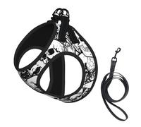 Black And White Skulls Pattern Print Harness Leash Set For Cats And Dogs, Reflective Adjustable, Soft Breathable Mesh Vest With Escape-Proof Lead, For Small Pets And Kitten Puppies