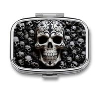 Black and White Skulls Pill Box 2 Compartments Portable Travel Pill Case Mini Medicine Organizer for Pocket Purse Metal Waterproof Medicine Container Holder Vitamin Fish Oil