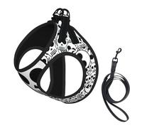 Black And White Skulls Print Dog Harness Small Sized And Leash Set, Step In Soft Light Puppy Vest Breathable Mesh Pet Harness