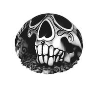 Black and white skulls Shower Cap for Women Reusable Waterproof Shower Bonnet Washable Elastic Band Bath Hair Hat Double Layered Bath Cap Extra Large for Long Hair