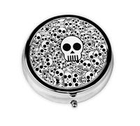 Black and White Skulls This Small, Round Pill Box is a Portable Travel Medicine Organizer with Three compartments for Storing Daily medications.