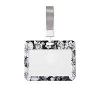 Black and White Skulls with Flowers Sliding Id Badge Holder Hard Plastic Work Card Case Name Tag Protector for Nurses Office