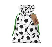 Black and White Soccer Ball Pattern Printed Christmas Drawstring Bags with Green Christmas Ribbon - Reusable Burlap Drawstring Gift Pouches, S