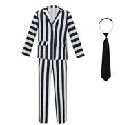 Black and White Striped Costume, Halloween Movie Cosplay Outfit, Netherworld Troublemaker 80's Fancy Dress for Men Women Party Dress Up, Jacket, Pant, Tie, Wigs (Black White Striped Set, Adults - 2XL)