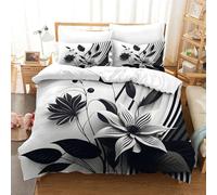 Black And White Striped Floral Kids Soft Microfiber Bedding Set Full Size 3Pcs Comforter Set with Zipper Closure Ultra Soft Quilt Set Breathable Duvet Cover Set Bedclothes Single(140x200cm)