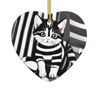 Black and White Striped Kitten Heart-Shaped Ceramic Pendant Printed Ceramic Pendant Suitable for Hanging on windowsills or fireplaces