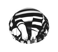 Black and white striped kitten Printed shower cap, reusable, double-layered design, suitable for women to wrap their hair, wash their face, and apply face masks.