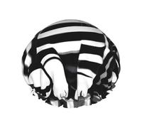 Black and white striped kitten Printed shower cap, reusable, specially designed for women's long hair, double-layer structure, suitable for bathing.