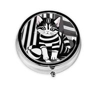 Black and White Striped Kitten Round Mini Pill Box, 3 Compartment Pill Box, Portable Pill Box, can be Put into Wallet, Pocket, Light and Convenient