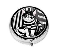 Black and White Striped Kitten Round Mini Pill Box: 3-Compartment Portable Metal Pill Organizer with Snap Closure, Ideal for Daily Travel Use