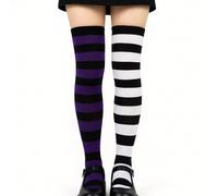 Black And White Striped Over-Knee Tights With Purple Accent - Knitted Ribbed Cuff Elastic Thigh-High Socks For Women, Asymmetric Gothic Two-Tone Design Stretchable Fashion Legwear