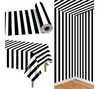 Black and White Striped Tablecloth Roll 30 M Black Plastic Table Cover Table Decoration for Holiday, Birthday, Baby Shower, Picnic, Halloween Backdrop