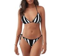 Black and-White Stripes Print Women String Two Piece Halter Top Triangle Bikini Set with Tie Side Bottom Swimsuit