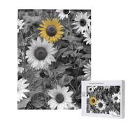 black and white sunflowers Printed Jigsaw Puzzle with Storage Box, Wooden Puzzle for Adults and Kids, 500 Pieces Family Fun Decorative Game