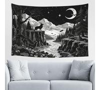 Black and White Tapestry, Starry Night Mountain Tapestries for Bedroom Aesthetic Moon and Stars, Wolf and fawn Tapastry's Wall Hanging Dark Nature Forest Wall Tapestry for Living Room Dorm (60" x 40")